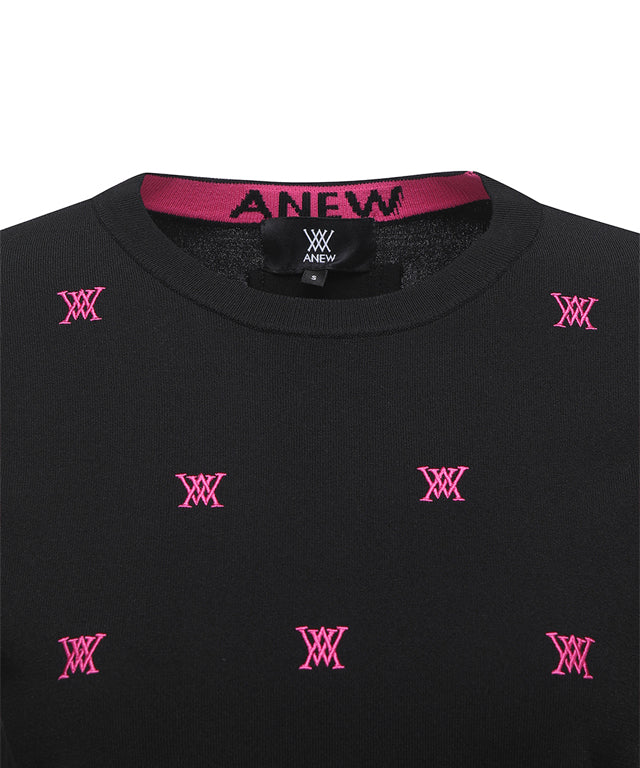 ANEW Golf Women Monogram Logo Point Pullover Sweater in Black, featuring embroidered logo and stylish design.